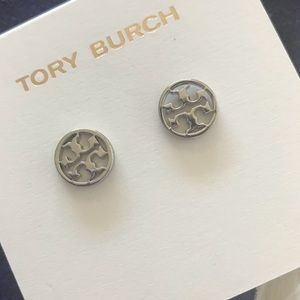 Tory Burch Logo Circle Earrings/Silvertone